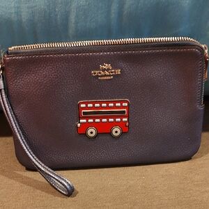 Coach Dark Blue Double Zipper Wristlet with Red Double-Decker Bus Pre-owned